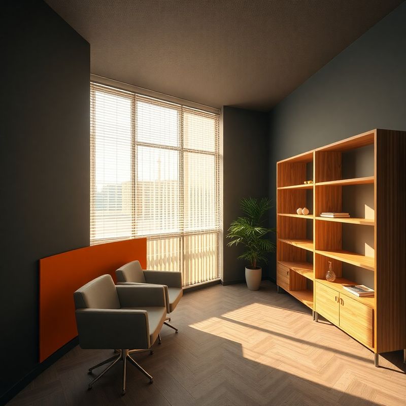 Interior de birou de consultanță în Oradea, paletă gri-ardezie cu accent ocru și lemn natural