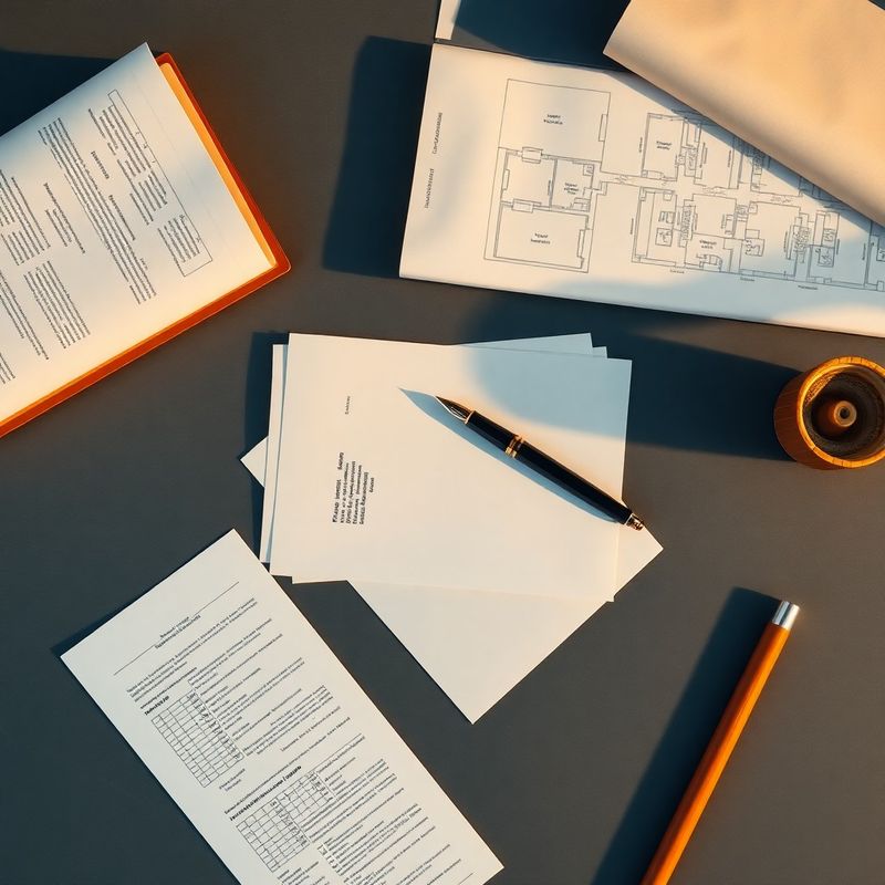 Documente financiare structurate, un stilou cu peniță și planuri arhitecturale pe un birou gri-ardezie