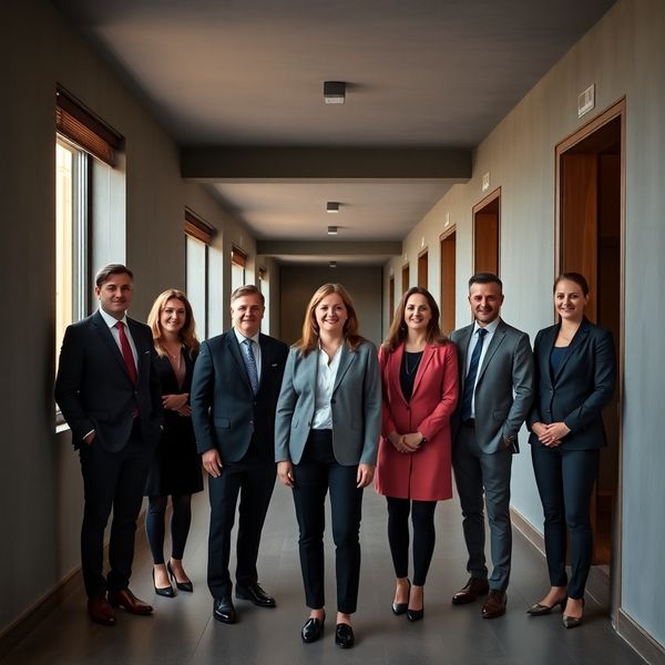 Portret de grup al cinci consultanți financiari într-un coridor de birou modern în tonuri gri-ardezie